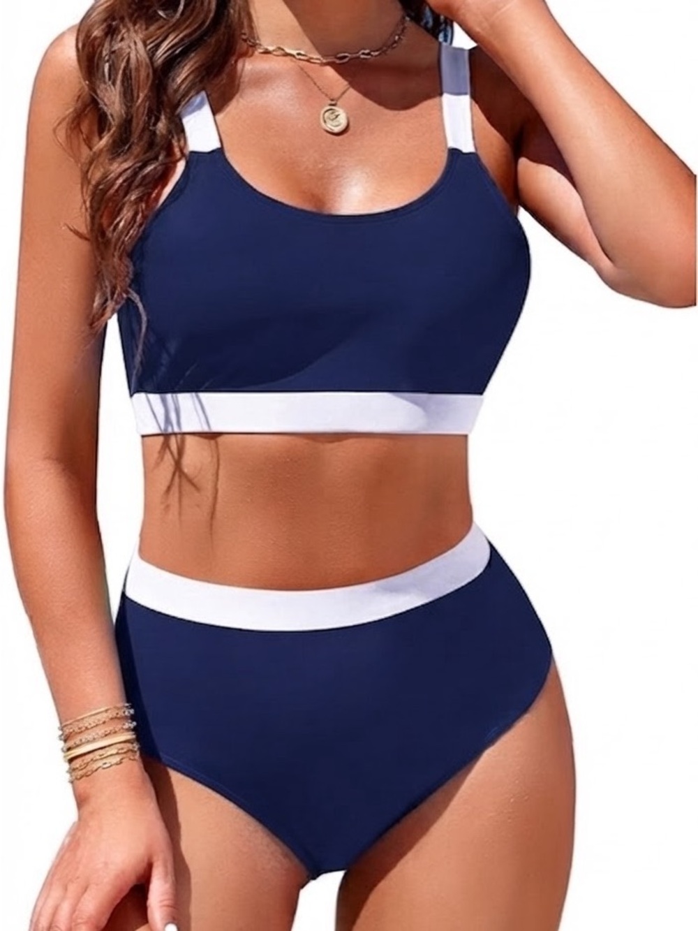 Navy and White High-Rise Two-Piece Bikini